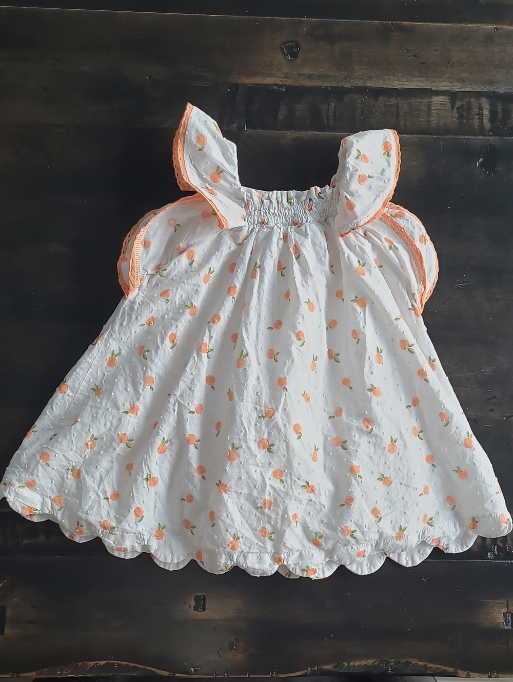 Size 3, Rachel Zoe White Girls Dress with Orange Fruit Print and Orange Lace